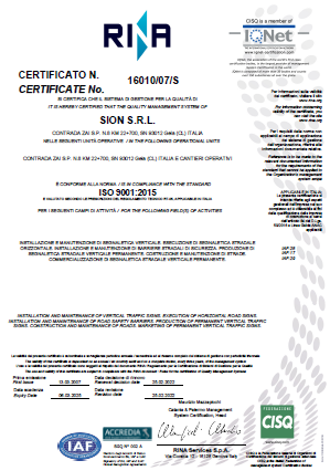 certificazioni Sion srl - To build, to connect, to protect. Siamo attivi nel settore delle costruzioni di opere pubbliche e private. Specializzati nella costruzione di infrastrutture viabili e manutenzione, Produzione Segnaletica marcata CE, Installazione e Progettazione.